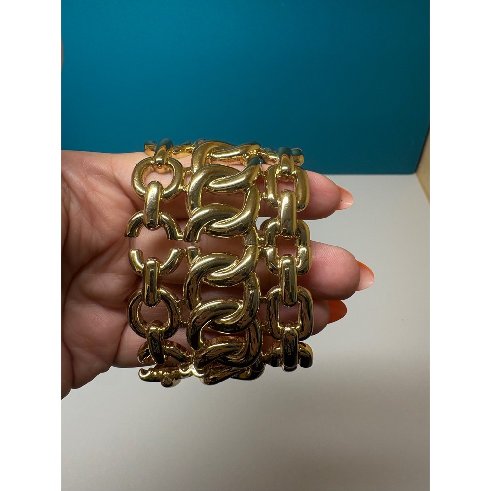 Gold Tone Chunky Multi Row Interlocking Chain Link Statement Cuff Bracelet